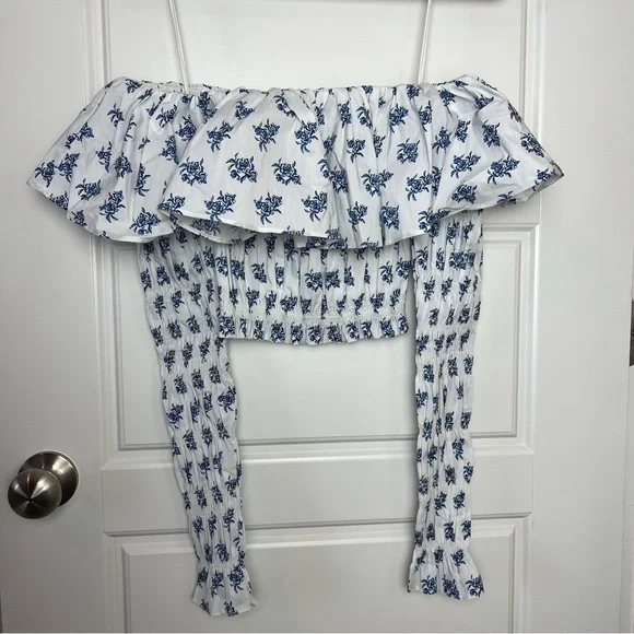 NWT caroline constas lydia off the shoulder top in blue toile spot